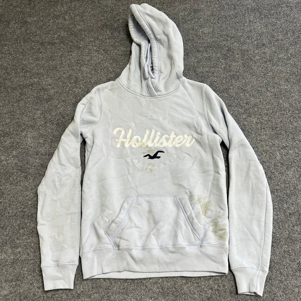 Hollister Hoodie Womens Size XS Blue Embroidered Logo Pullover Casual Stained